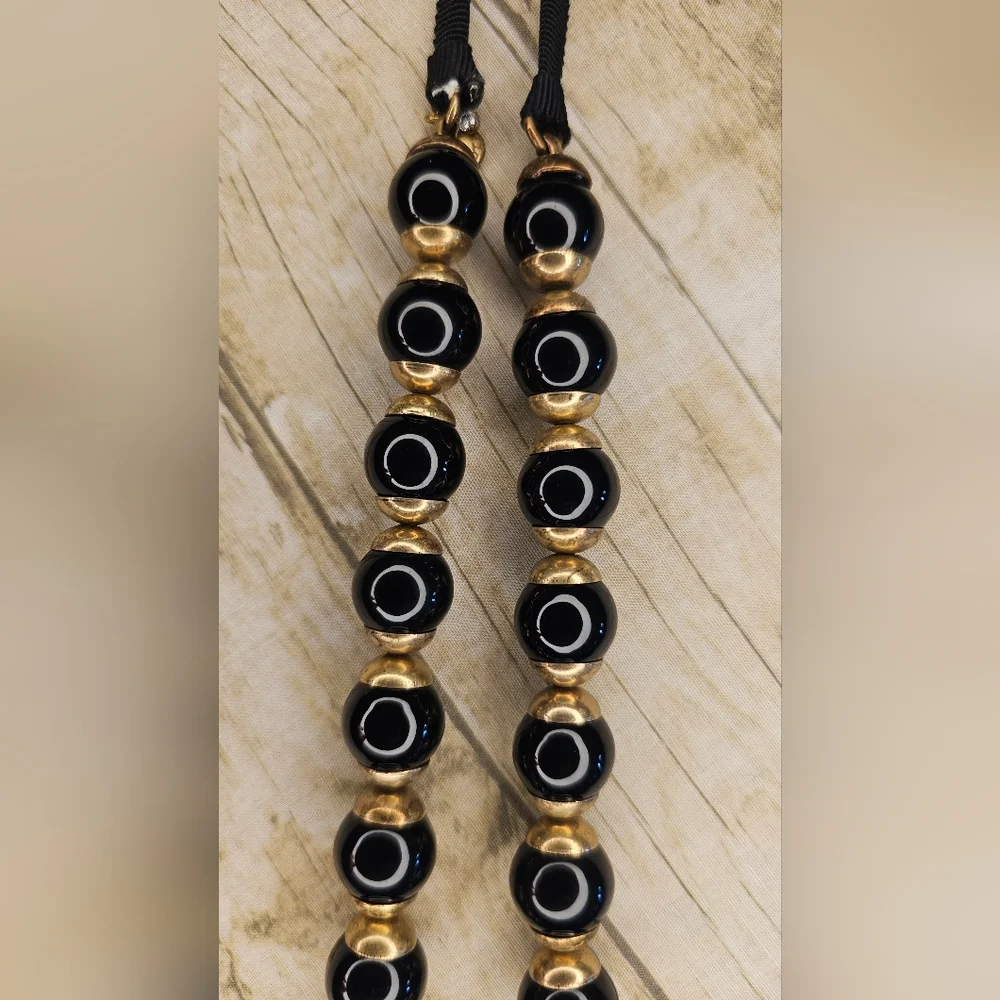 [J. CREW] Black & Gold ○● Beaded Statement Necklace with Cloth Tie